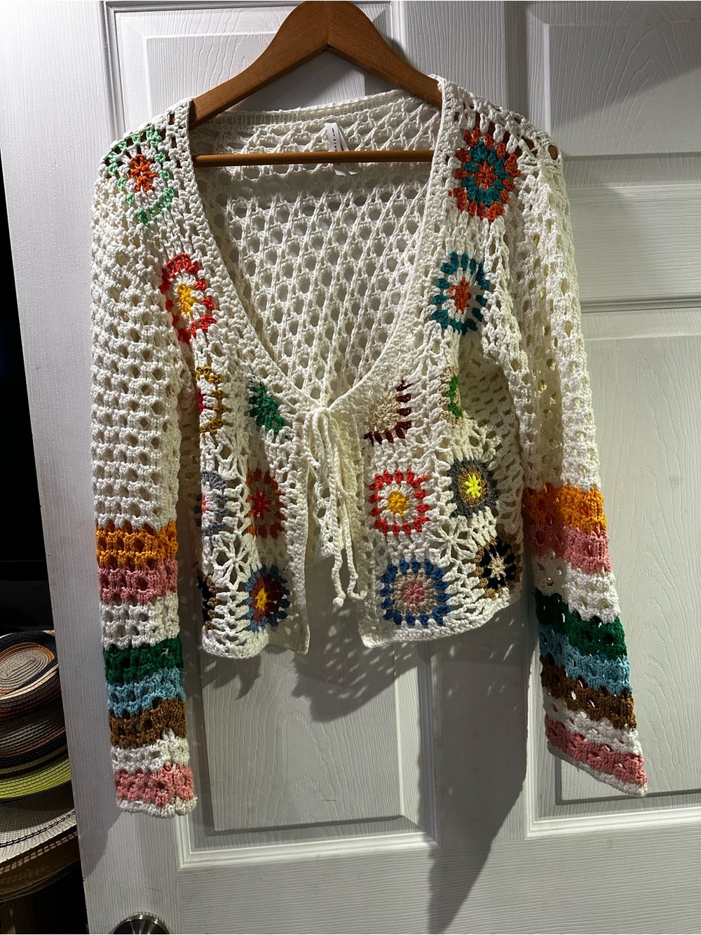 Dreamers Ivory Crochet V-Neck Tie-Front Sweater with Multicolor Floral Accents